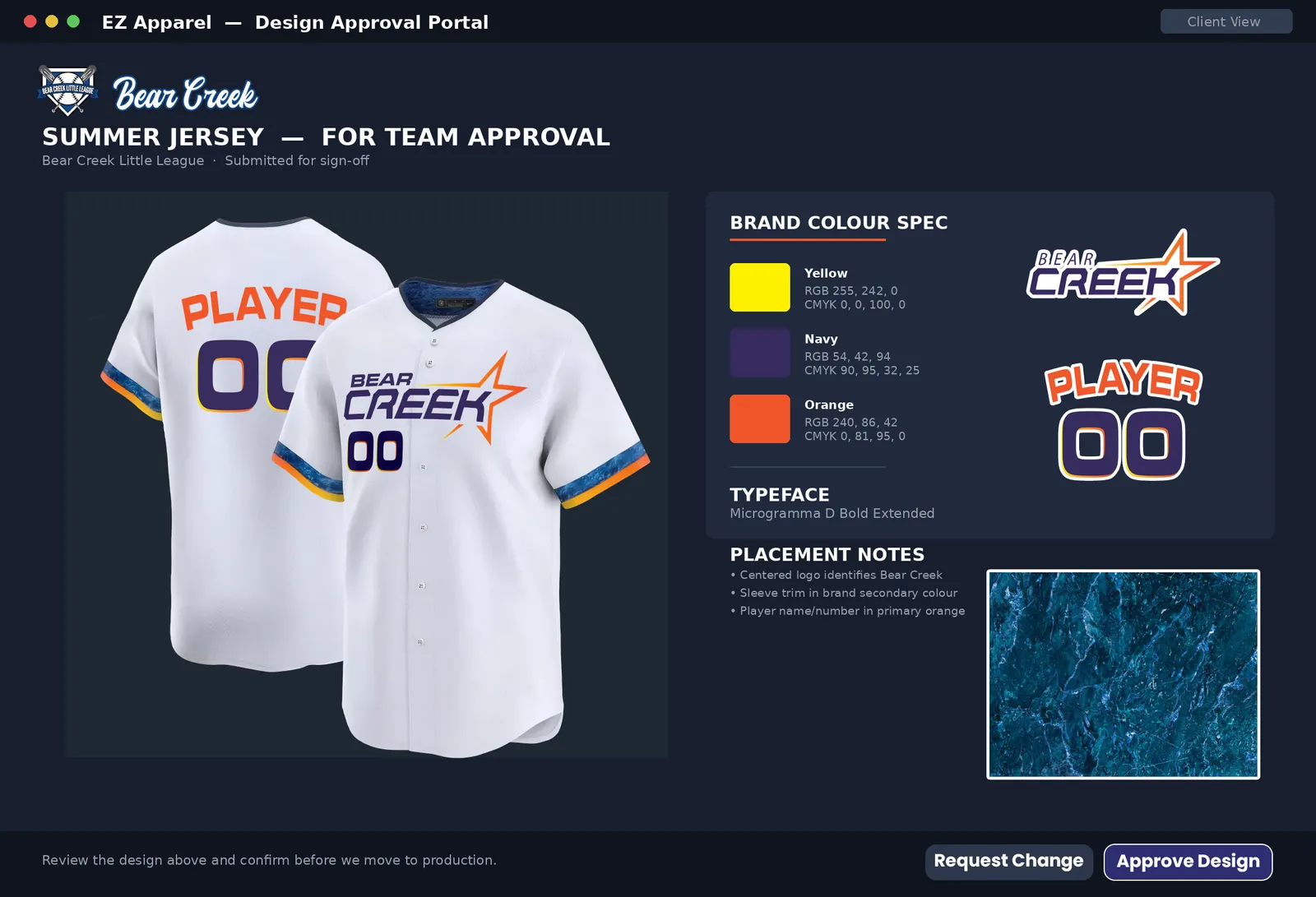 EZ Sports Apparel client-facing uniform approval mockup