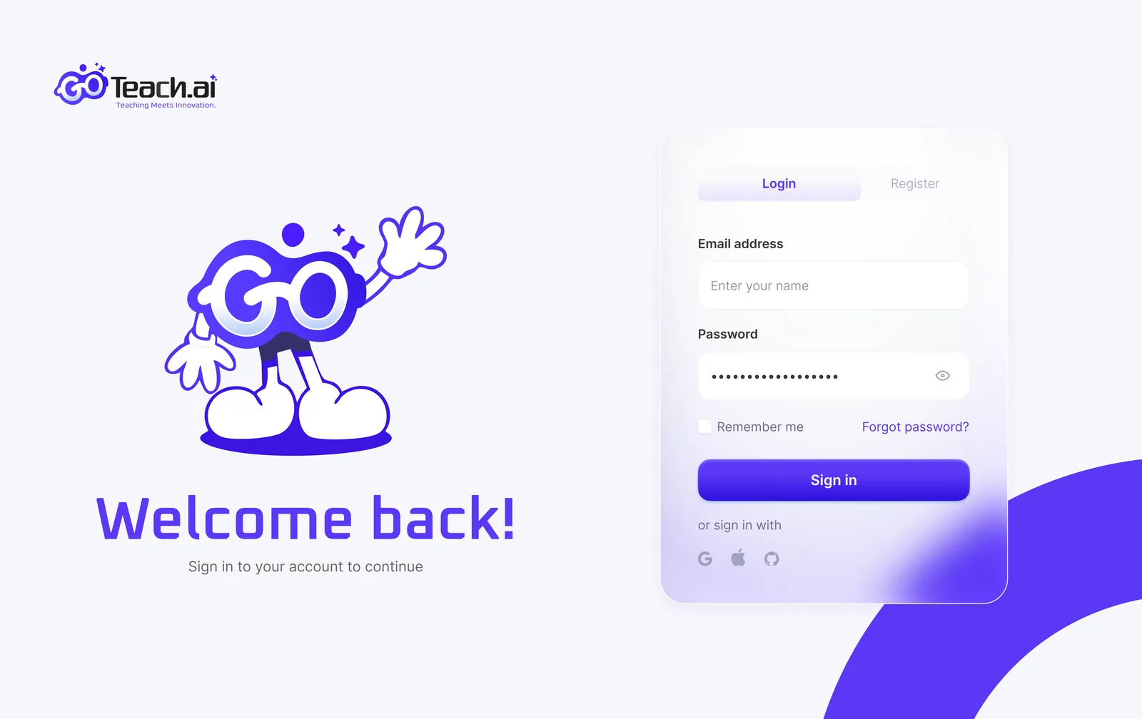 GoTeach.ai sign-in and registration flows with account-type toggle (2 of 2)