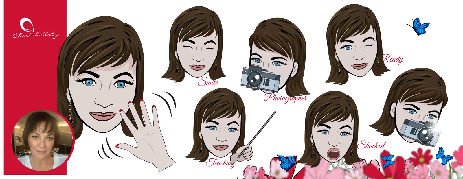 Cherish Artz character sheet, the illustrated likeness beside its smile, photographer, ready, teaching and shocked expressions