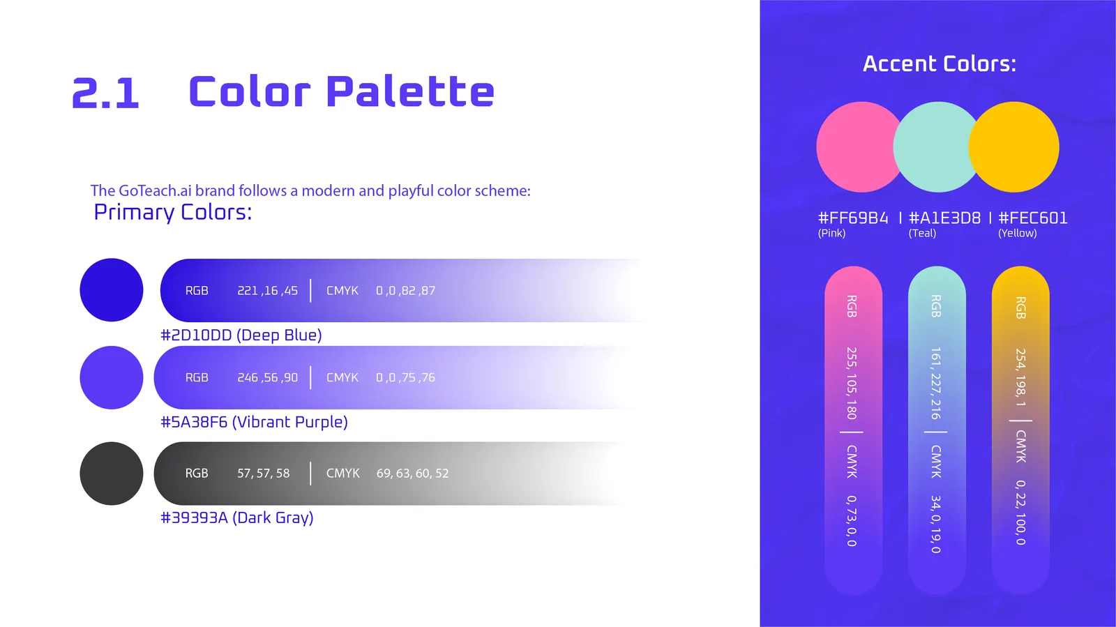 GoTeach.ai primary colour palette and accent colours
