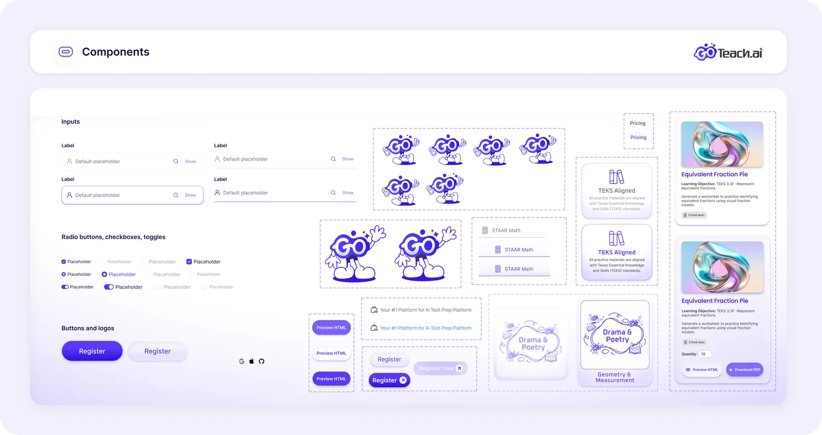 GoTeach.ai component library: fields, toggles, buttons