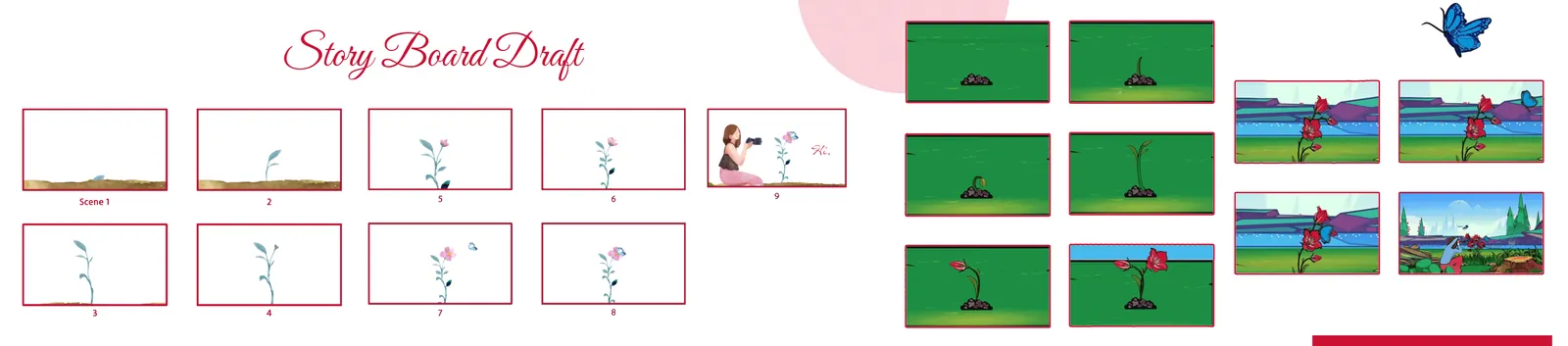 Storyboard draft board showing both rejected passes of the growing-flowers concept