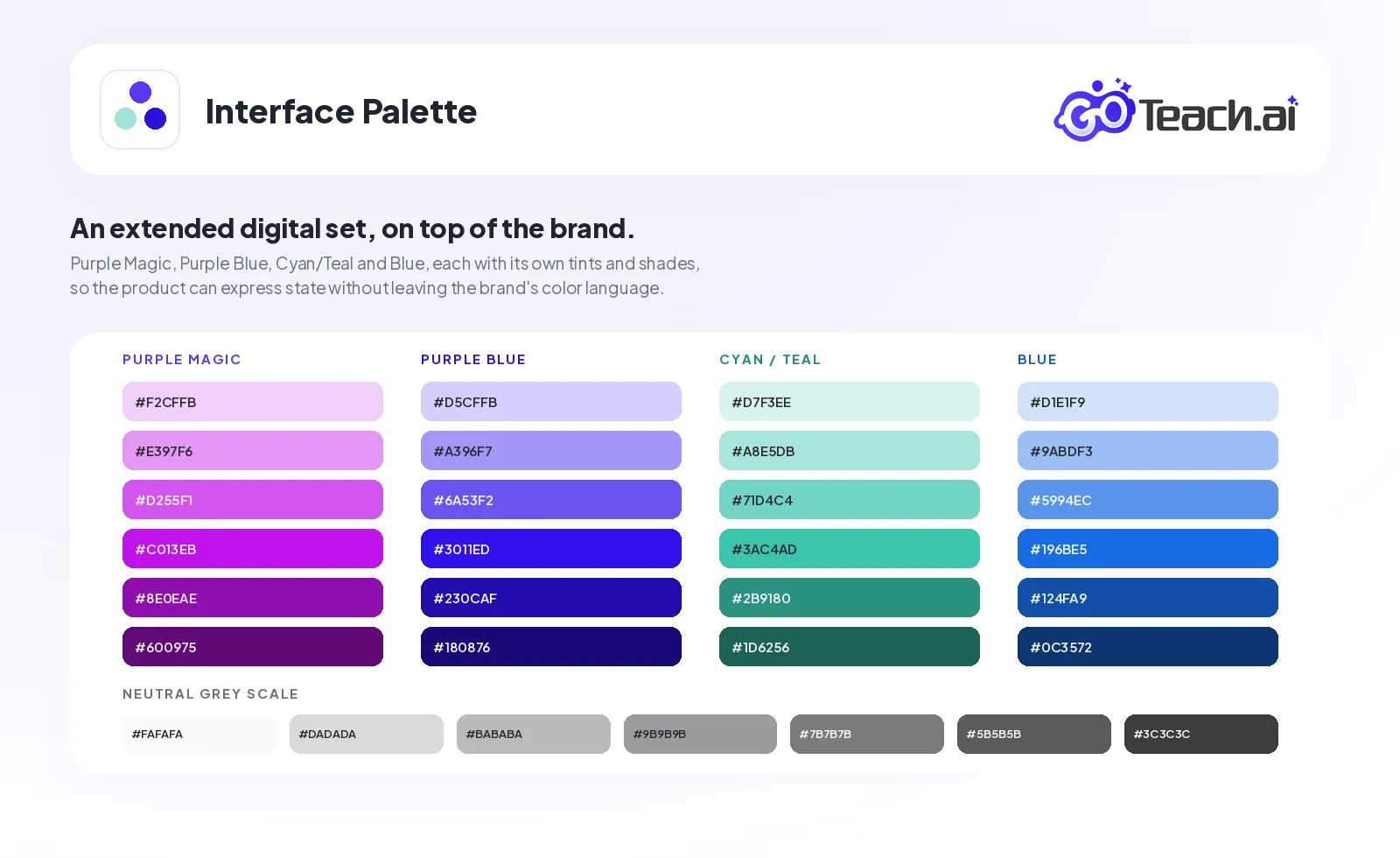 The GoTeach.ai interface palette: Purple Magic, Purple Blue, Cyan/Teal and Blue, each a six-step column of tints and shades with its hex value, over a seven-step neutral grey scale