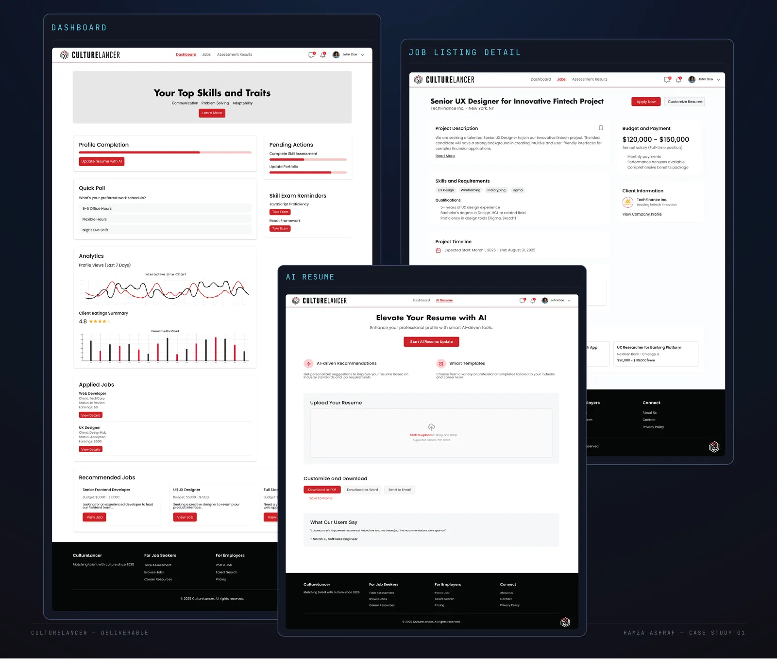 CultureLancer job seeker dashboard, job listing detail page and AI resume screen