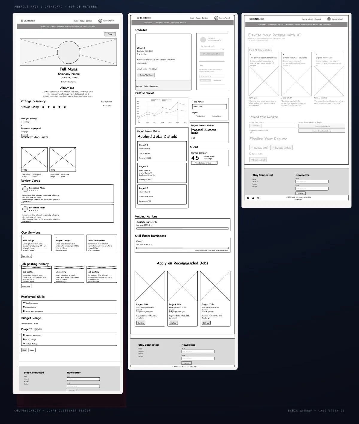 CultureLancer job seeker low-fidelity wireframes