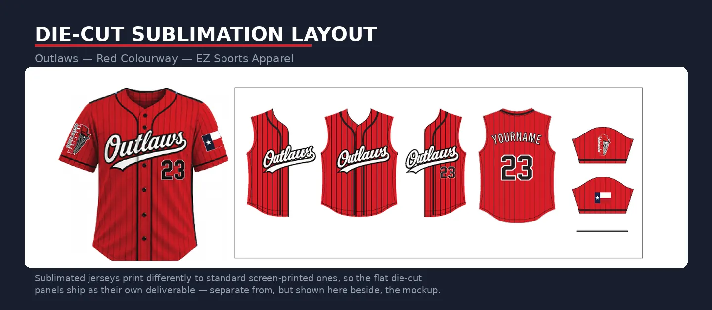 Outlaws die-cut sublimation layout alongside the uniform mockup