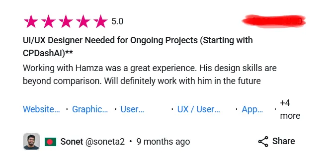 Sonet’s five-star Freelancer review, filed under “UI/UX Designer Needed for Ongoing Projects (Starting with CPDashAI)”
