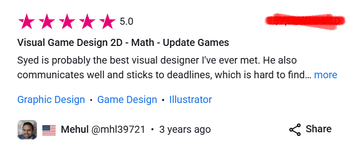 Mehul’s five-star Freelancer.com review, filed under “Visual Game Design 2D - Math - Update Games”