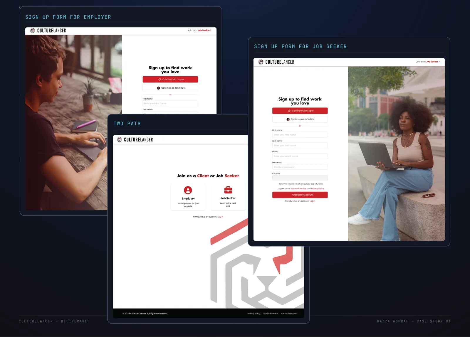 CultureLancer signup: the job seeker or employer choice screen and both signup forms